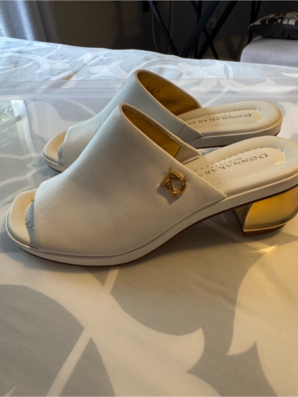 Donna Karan White Open-Toe Mule with Gold Accent - Picture 3 of 9